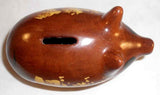 1988 Breininger Glazed Redware Penny Bank Pig Standing Brown Yellow Highlights