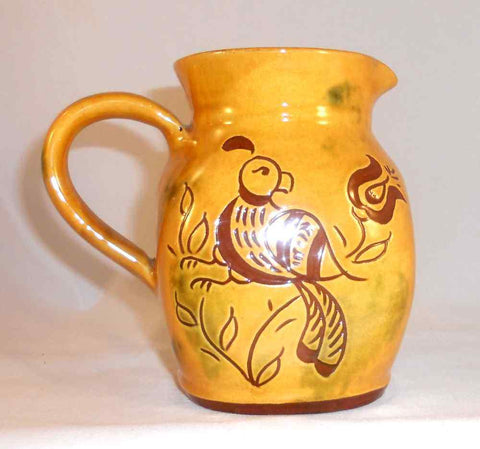 1992 Breininger Redware Flat Sided Pitcher Sgraffito Distelfink, Tulip & Flowers