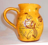 1992 Breininger Redware Flat Sided Pitcher Sgraffito Distelfink, Tulip & Flowers