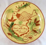 1981 Breininger Redware Sgraffito Plate Bird Tulips Heart Start Day With a Smile