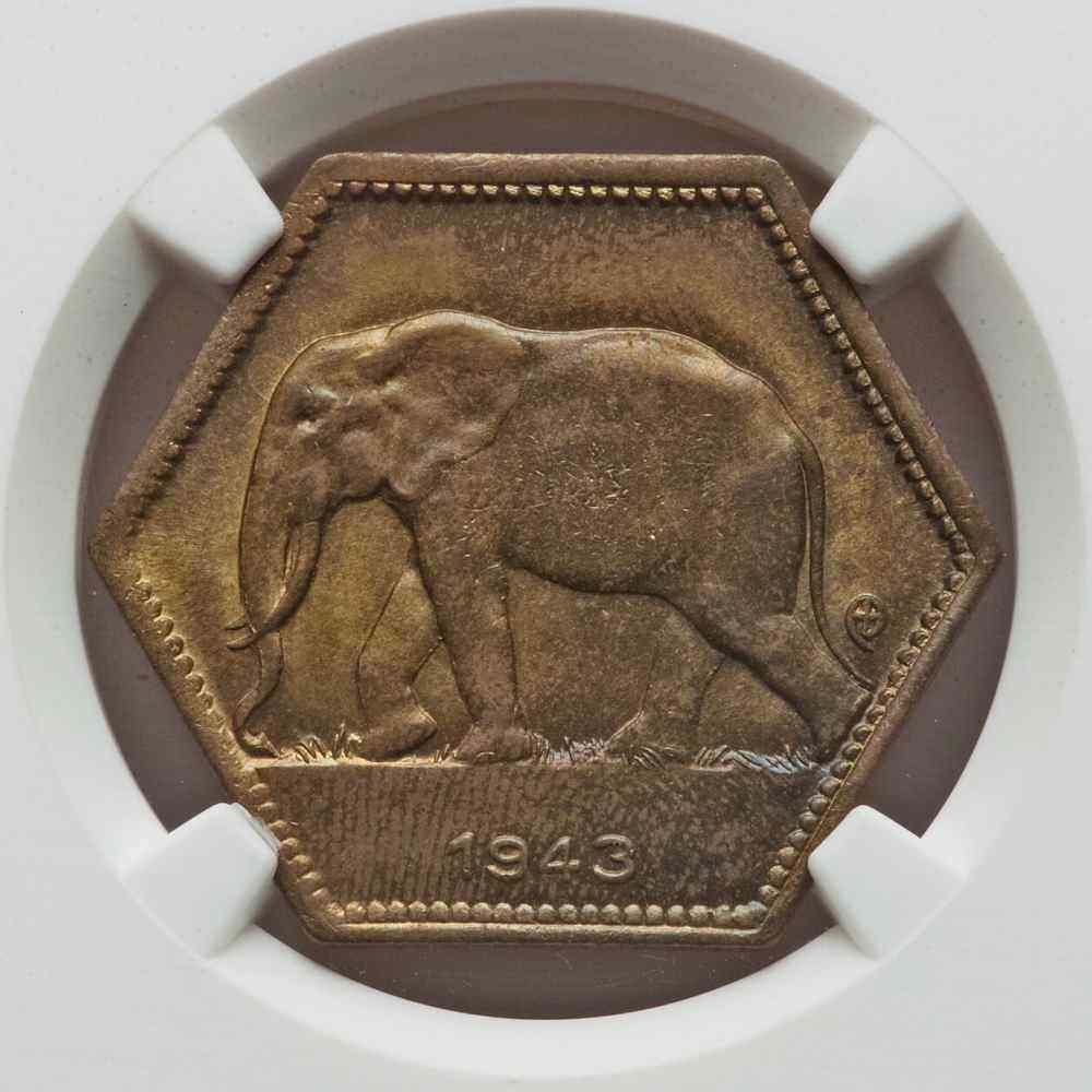 1943 Two Francs Brass Hexagonal Coin Belgian Congo Elephant Moving