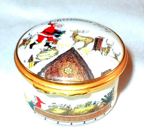 Cartier Round Enameled Box "Christmas 1979" Santa & Rain Deer On Roof England