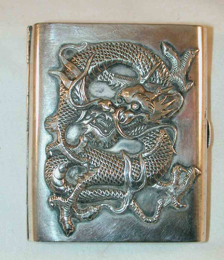 dragon cigarette case Antique Chinese Export Silver Cigarette Case Initials on Back Heavily Embossed Dragon on Front dragon cigarette case Antique Chinese Export Silver Cigarette Case Initials on Back Heavily Embossed Dragon on Front