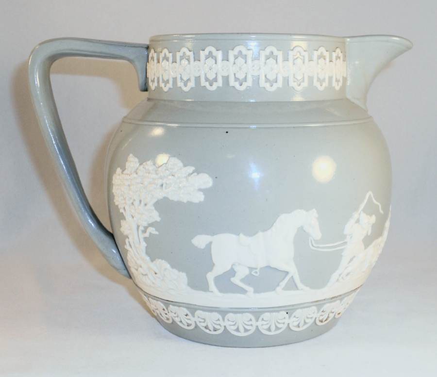 Antique Copeland Late Spode Bulbous Pitcher Jasperware Hunting Scene M