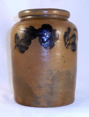 Antique Stoneware Crock Salt Glazed and Decorated Cobalt Blue on Brown Design
