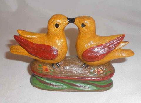 Late 1900s Folk Art Love Birds Polychrome Painted Composition By J R Dierwechter