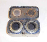 Antique Travel Double Glass Inkwell in Metal Box with Hinged Decorated Lid
