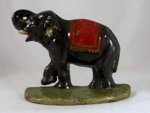 Antique Cast Iron Doorstop Colorful Elephant Raised Trunk & Leg on Green Base