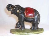 Antique Cast Iron Doorstop Colorful Elephant Raised Trunk & Leg on Green Base
