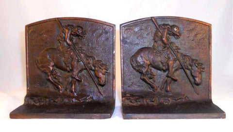 Vintage Cast Iron Bookends End of The Trail Indian Warrior W/ Spear on Horseback