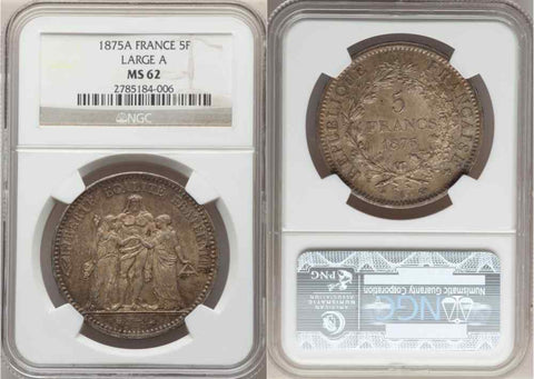 France Republic 1875A Large Crown Size Silver Coin 5 Francs NGC Mint State 62