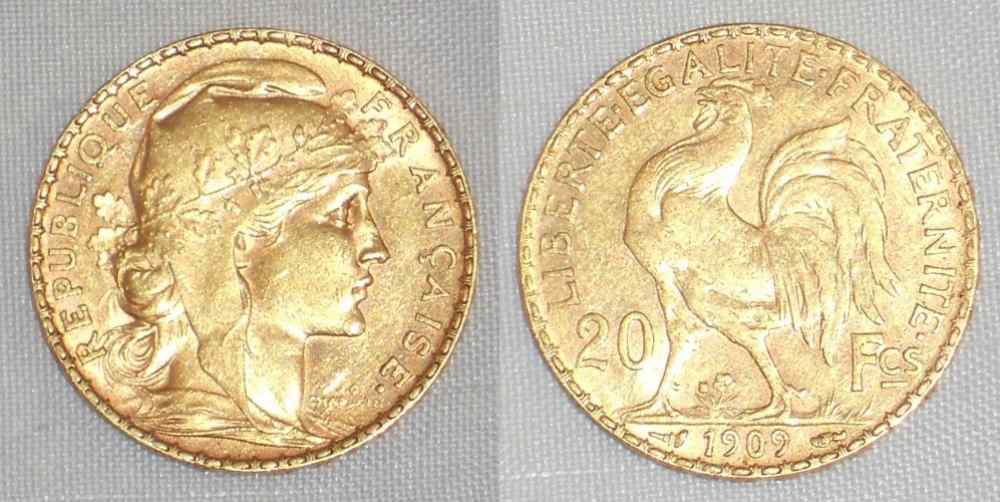 1909 Republic of France Gold Coin Twenty Francs Proud Rooster About  Uncirculated