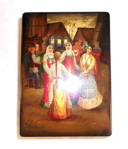 1986 Fedoskino Signed Hand Painted Russian Lacquer Box Dancing In Village Square