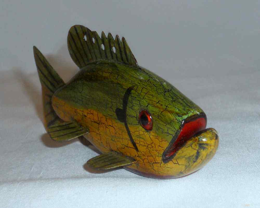 Vintage Carved Wood and Metal Polychrome Painted Folk Art Fish Decoy Signed  ra