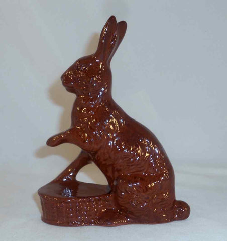 1989 Glazed Redware Brown Rabbit Figurine Yellow Sponged Decoration by Ned Foltz