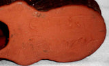 1989 Glazed Redware Brown Rabbit Figurine Yellow Sponged Decoration by Ned Foltz