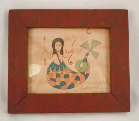Folk Art Ink Water Color on Paper Fraktur Mermaid Bow & Arrow Garnett B. French