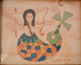 Folk Art Ink Water Color on Paper Fraktur Mermaid Bow & Arrow Garnett B. French