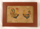 Folk Art Ink Water Color on Paper Fraktur Chicken & Rooster by Garnett B. French