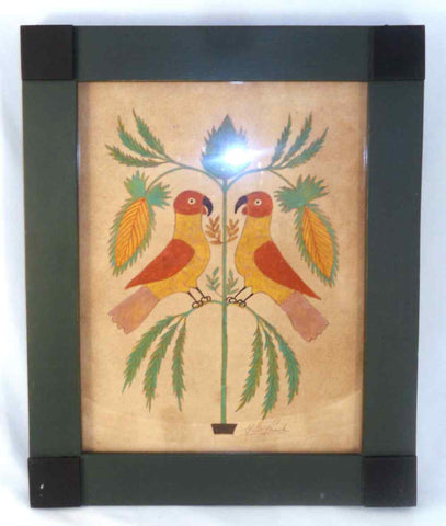 Folk Art Water Color on Paper Fraktur 2 Birds Facing Each Other by G. B. French