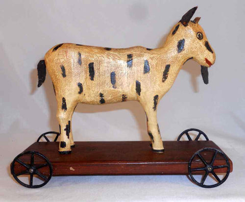 1980 Hand Carved Painted Wood Primitive Folk Art Goat Pull Toy W & J Gottshall