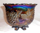 Dark Blue or Purple Carnival Glass Footed Bowl Heavy Grape Design Scalloped Edge