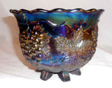 Dark Blue or Purple Carnival Glass Footed Bowl Heavy Grape Design Scalloped Edge
