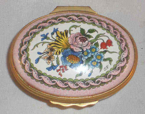 Halcyon Days Enamels England Oval Enameled Trinket Box Flower Bouquet Decoration