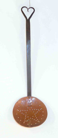 Antique Iron & Copper Primitive Forged Strainer Star-Formed Holes and Heart Loop