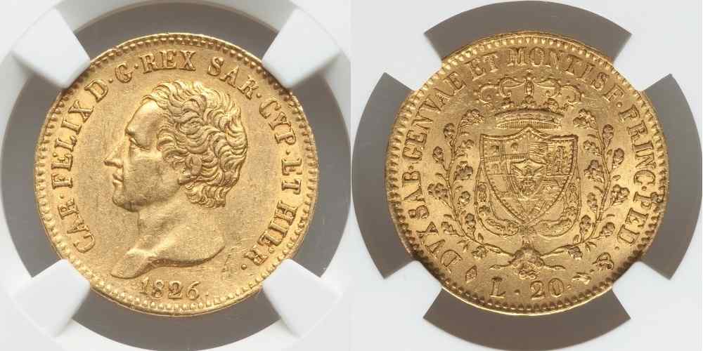 1826 Eagle L Gold Coin Sardinia Italy 20 Lire King Carlo Felice KM# 118.1  AU58