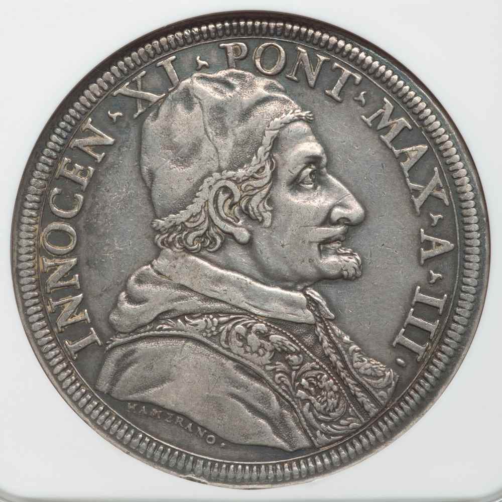 1678 Large Silver Coin Italian Papal State Piastra Pope Innocent XI Ann III  VF35