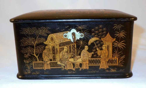 Antique Japanese Lacquer Hand Painted Box Men in Long Robes in Garden Setting