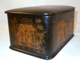 Antique Japanese Lacquer Hand Painted Box Men in Long Robes in Garden Setting