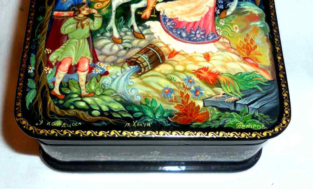 Footed Kholui Russian Lacquer Box Miniature Scene From Fairy Tale Sign