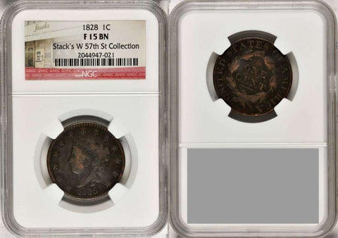 Beautiful 1828 Matron Head Large Cent NGC F 15 BN Stack's W 57 St. Collection