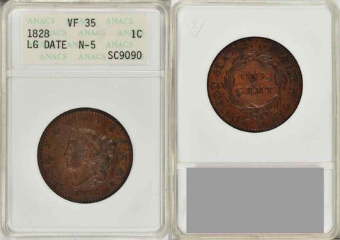 Beautiful 1828 Large Date Matron Head Large Cent ANACS Very Fine 35