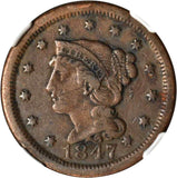 Beautiful 1847 Liberty Head Braided Hair Design Large Cent NGC Graded VF 30 BN