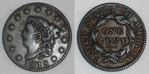 1818 Coronet Head Liberty Head Facing Left Large Cent Nicely Toned Very Fine