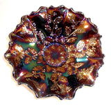 Fenton Carnival Glass Ruffled Edge Bowl Blue Opalescent or Purple Holly Pattern