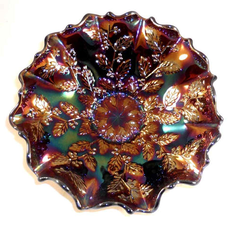Fenton Carnival Glass Ruffled Edge Bowl Blue Opalescent or Purple Holly Pattern