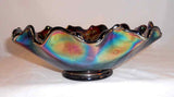 Fenton Carnival Glass Ruffled Edge Bowl Blue Opalescent or Purple Holly Pattern
