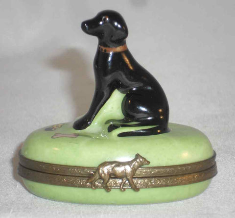 Limoges France Hand Painted Eximious Trinket Box Having Black Dog Sitting on Lid