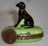 Limoges France Hand Painted Eximious Trinket Box Having Black Dog Sitting on Lid