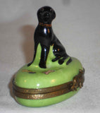 Limoges France Hand Painted Eximious Trinket Box Having Black Dog Sitting on Lid