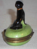 Limoges France Hand Painted Eximious Trinket Box Having Black Dog Sitting on Lid