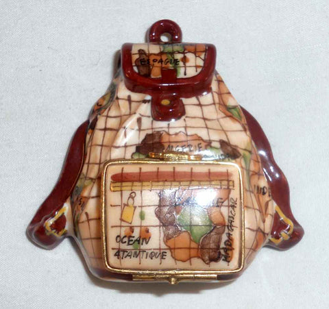 Limoges France ROCHARD Hand Painted Small Trinket Box Backpack World Map