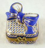 Limoges France Hand Painted Gift Box Shape with Bow Blue & Gold Colored Box