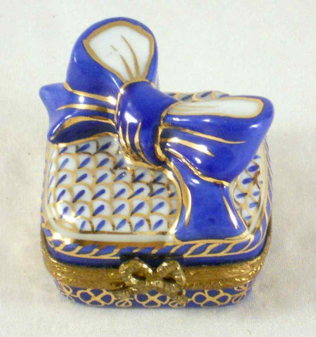 Limoges France Hand Painted Gift Box Shape with Bow Blue & Gold Colored Box