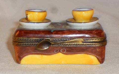 Limoges France Hand Painted Trinket Box Parry Vieille Table w/ Two Tea Cups