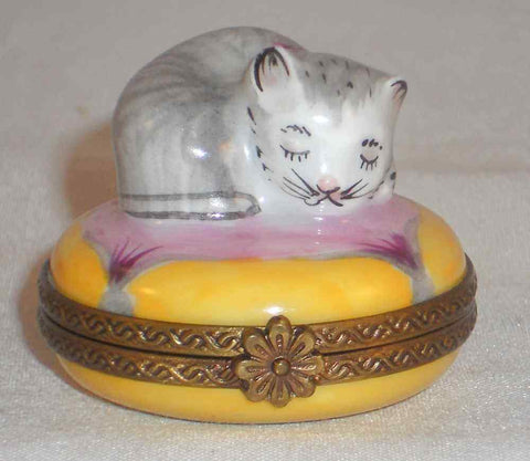Limoges France ROCHARD Hand Painted Small Trinket Box Cat Sleeping Pink Pillow